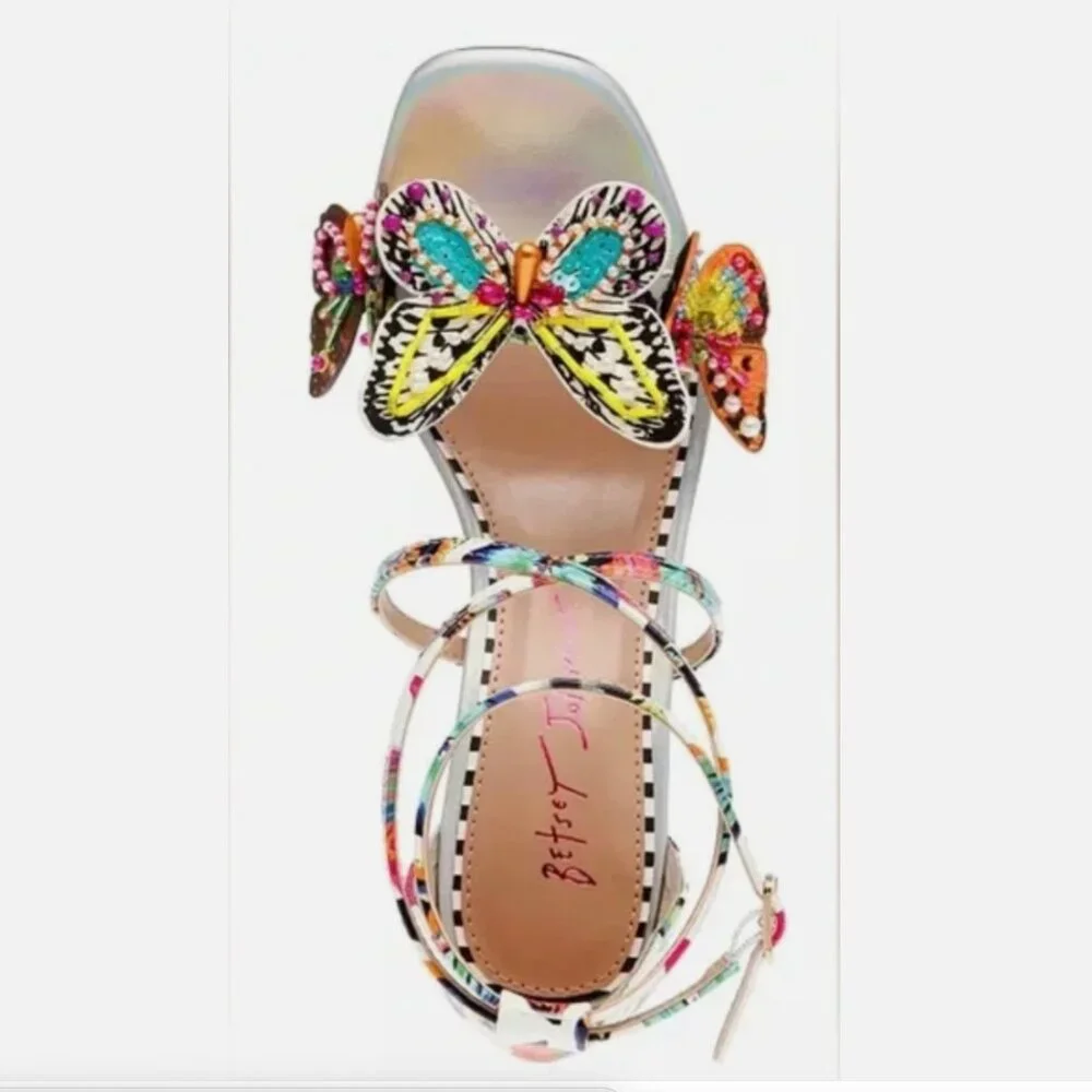 NEW BETSEY JOHNSON Trudie Beaded Butterfly Sandals Heels Size 7.5 Multicolor